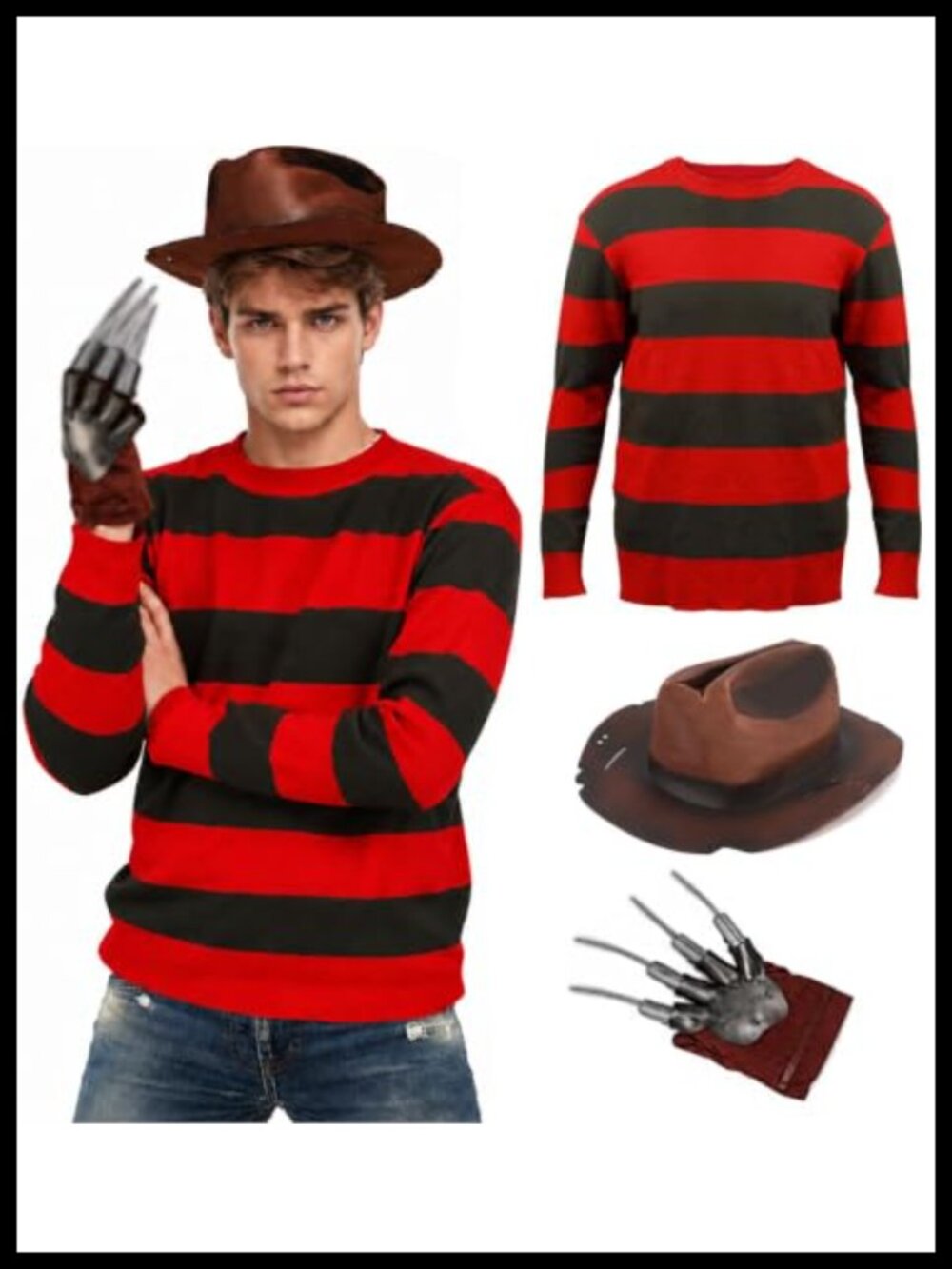 Men's Scary Killer Knit Sweater Hat Glove Halloween Cosplay 3 Pc Set
